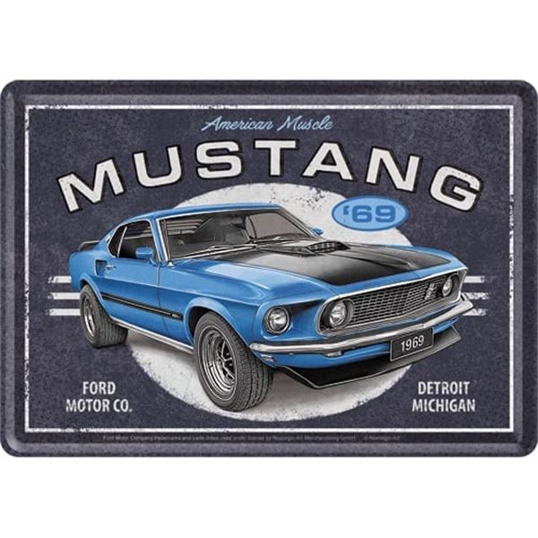 Carte postale métal Ford Mustang 1969 MACH 1 Bleue