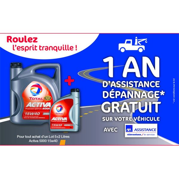Huile Total Activa 5000 D15W40 5L + 2 L + 1 an d'assistance dépannage