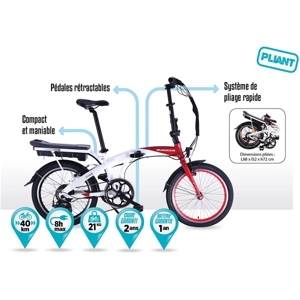 Vélo pliable électrique Foldcity blanc/ rouge Eurocka